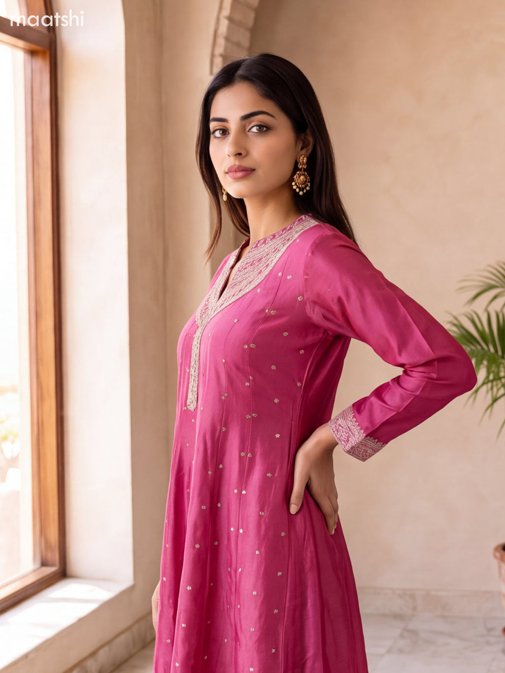 Biege and Pink Art Silk Embroidery Work Anarkali Suit