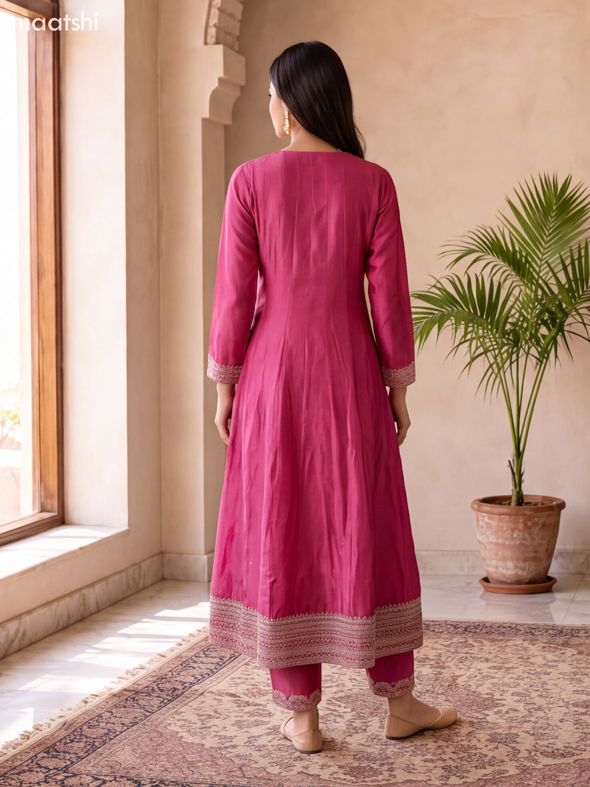 Biege and Pink Art Silk Embroidery Work Anarkali Suit