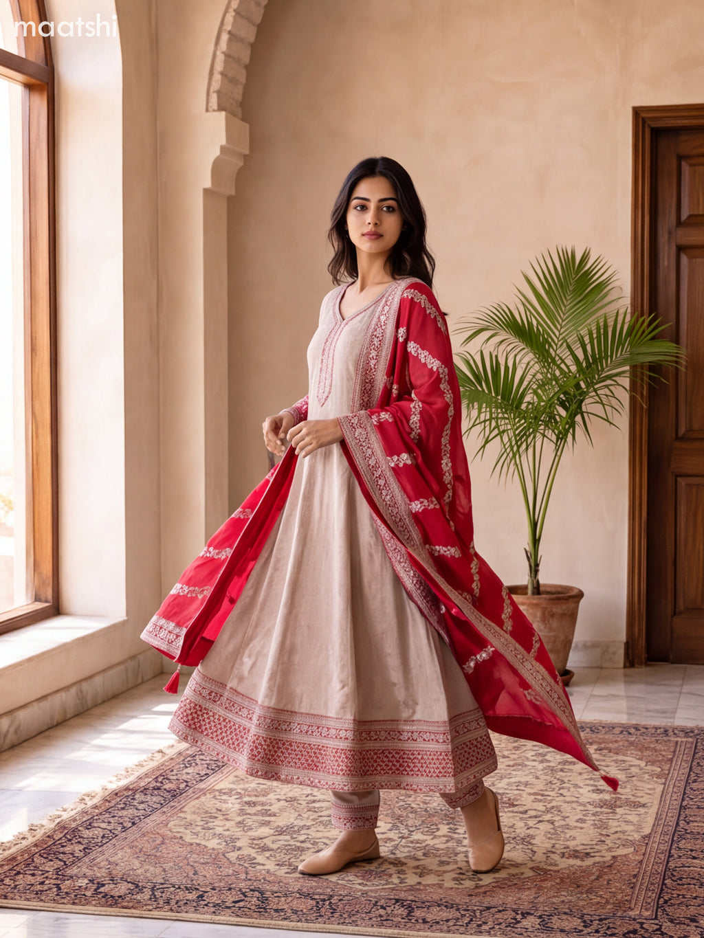 Biege and Reddish Pink Art Silk Embroidery Work Anarkali Suit