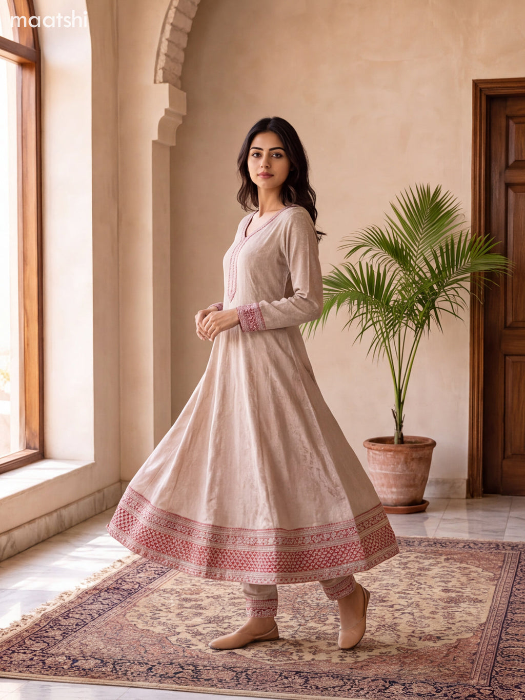 Biege and Reddish Pink Art Silk Embroidery Work Anarkali Suit