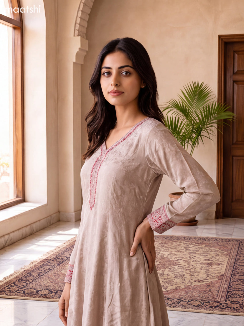 Biege and Reddish Pink Art Silk Embroidery Work Anarkali Suit