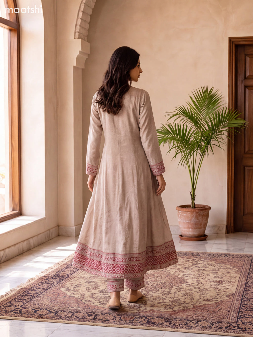 Biege and Reddish Pink Art Silk Embroidery Work Anarkali Suit