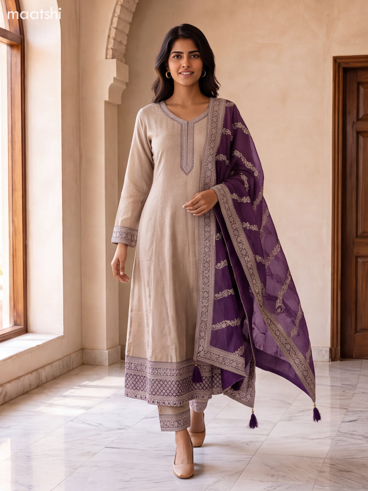 Biege and Violet Art Silk Embroidery Work Anarkali Suit