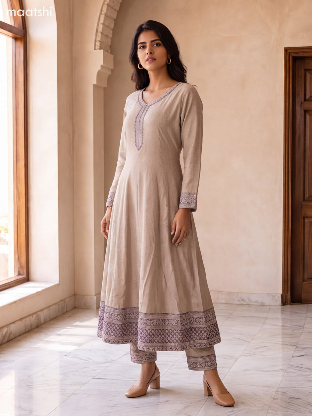 Biege and Violet Art Silk Embroidery Work Anarkali Suit