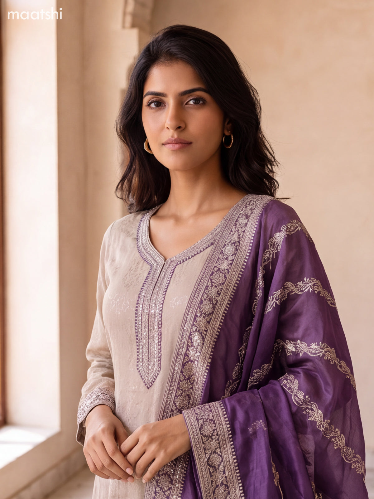 Biege and Violet Art Silk Embroidery Work Anarkali Suit