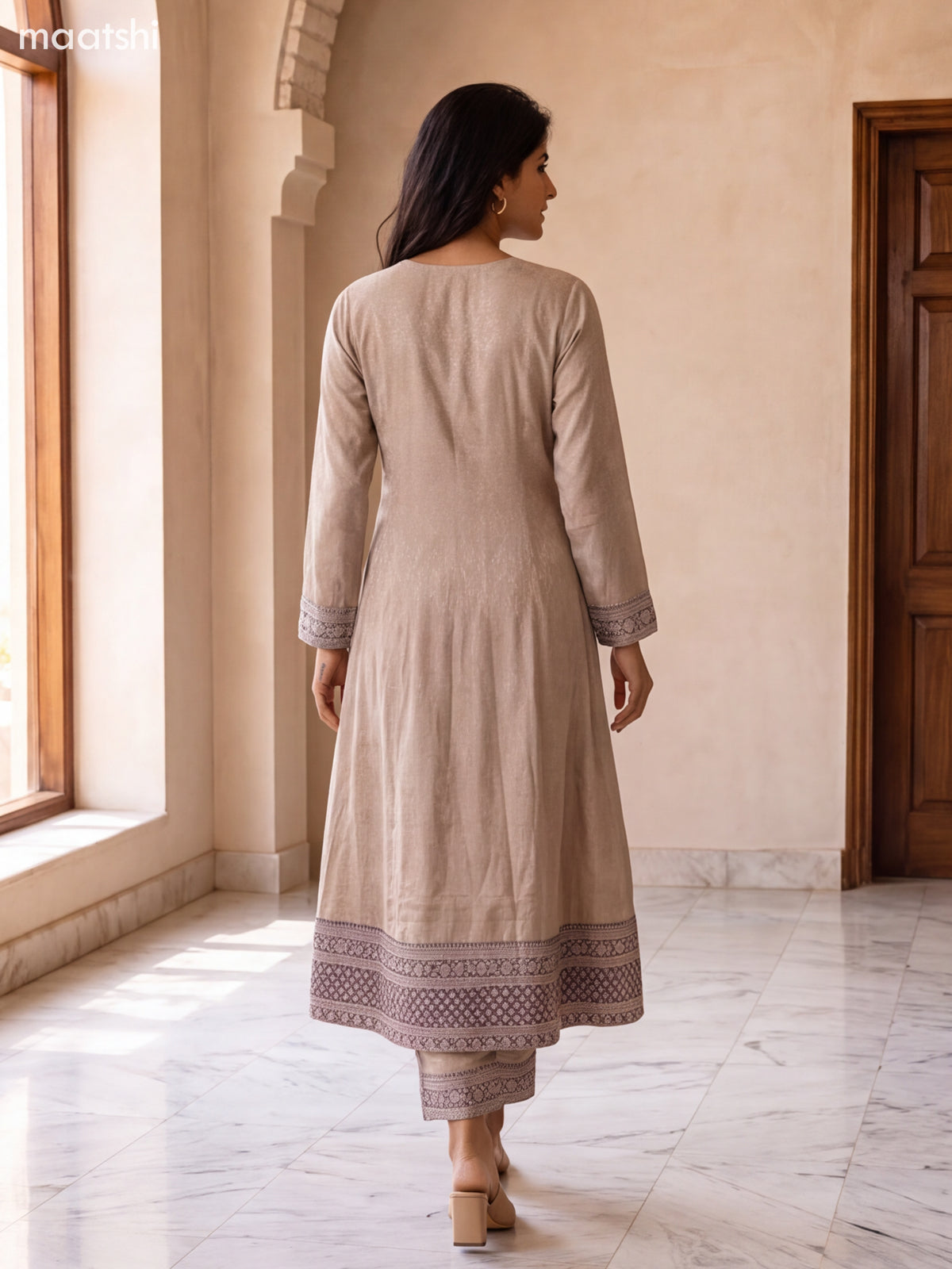 Biege and Violet Art Silk Embroidery Work Anarkali Suit