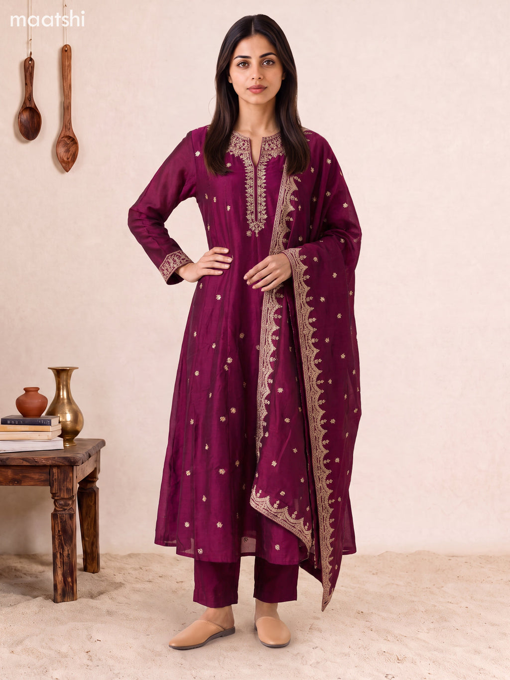 Deep Wine Art Silk Embroidery Work Anarkali Suit