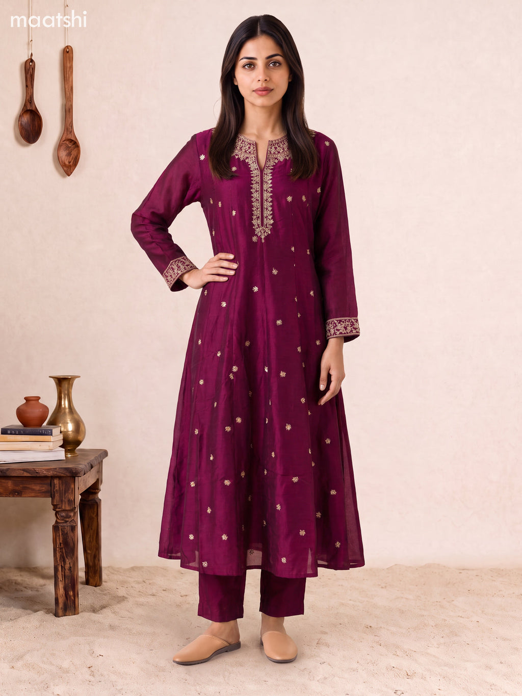 Deep Wine Art Silk Embroidery Work Anarkali Suit