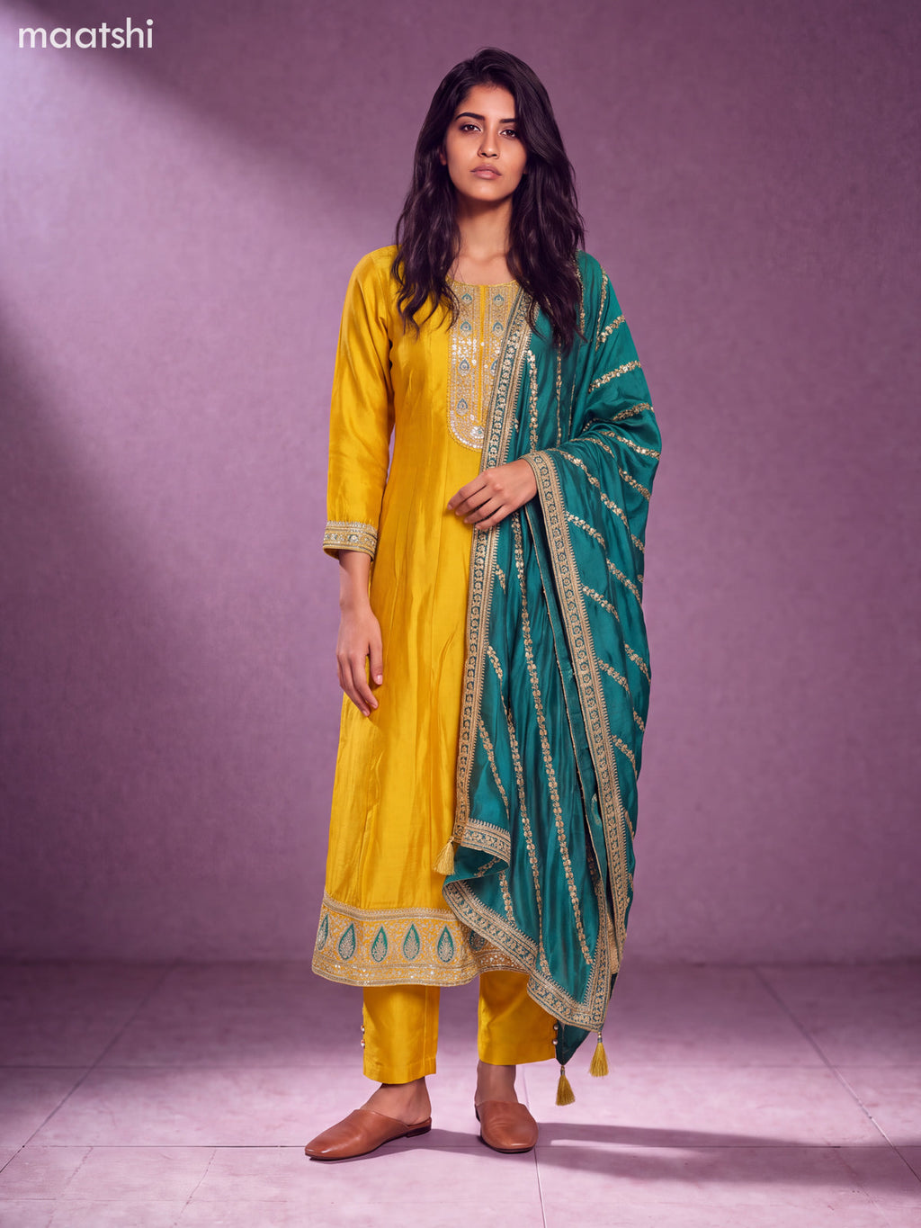 Yellow and Teal Green Art Silk Embroidery Work Anarkali Suit