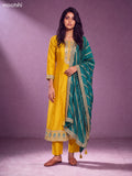 Yellow and Teal Green Art Silk Embroidery Work Anarkali Suit
