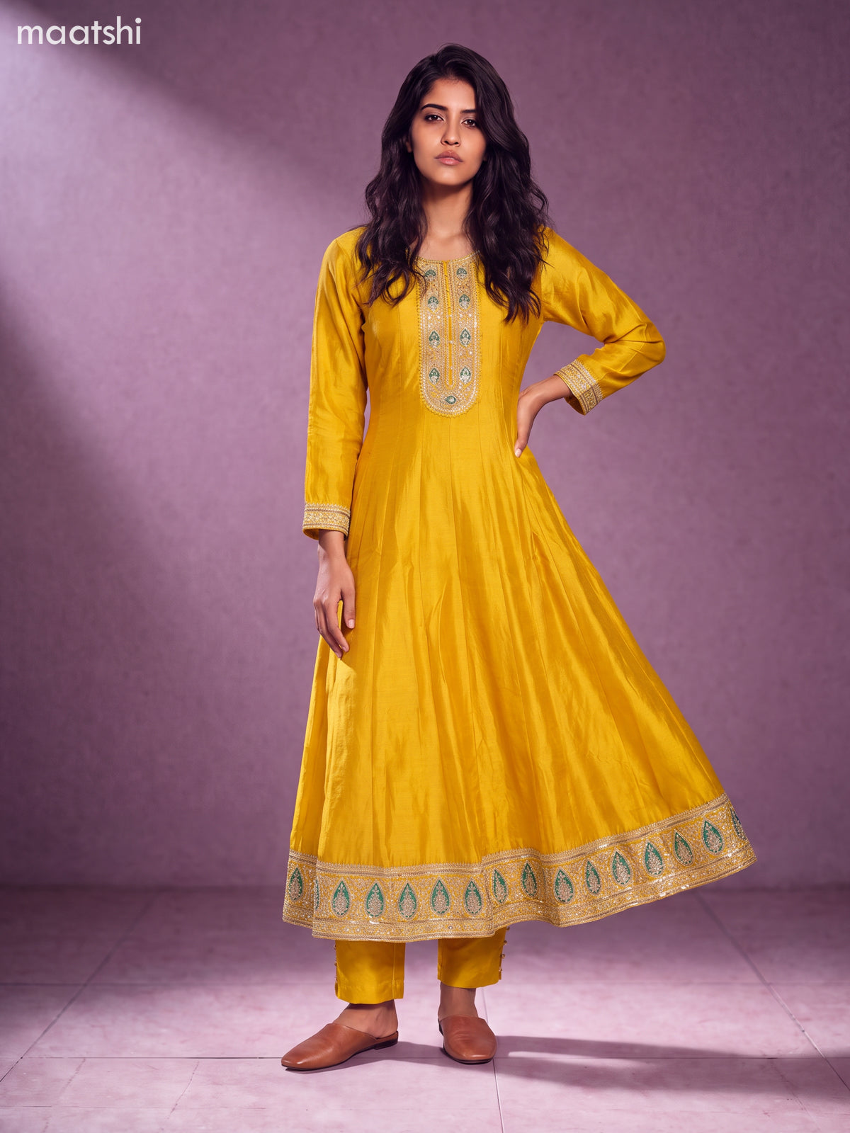 Yellow and Teal Green Art Silk Embroidery Work Anarkali Suit