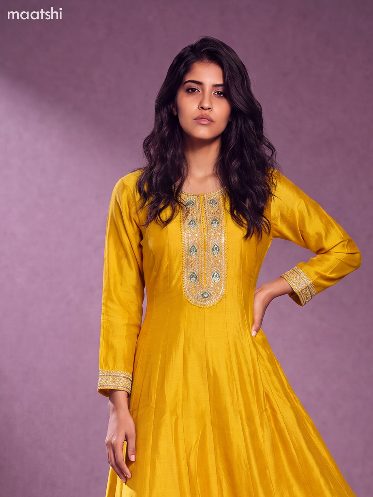 Yellow and Teal Green Art Silk Embroidery Work Anarkali Suit
