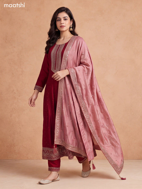 Wine Shade and Peach Shade Art Silk Heavy Embroidery Work Anarkali Suit