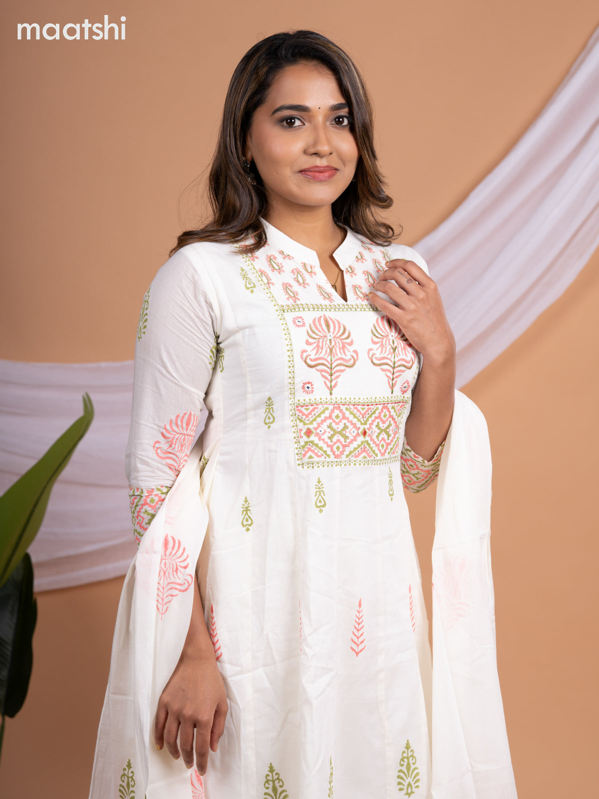 Anarkali cotton salwar suit off white with allover butta prints & embroidery work neck pattern and straight cut pant & dupatta