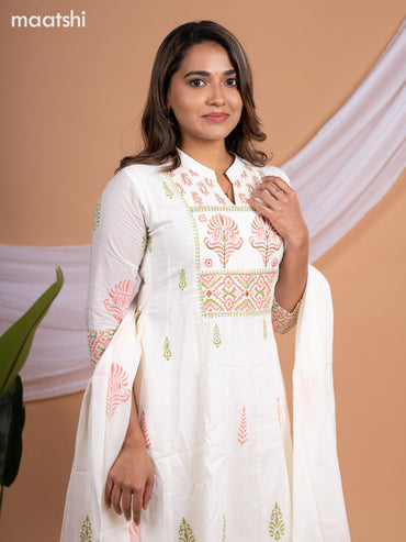 Anarkali cotton salwar suit off white with allover butta prints & embroidery work neck pattern and straight cut pant & dupatta