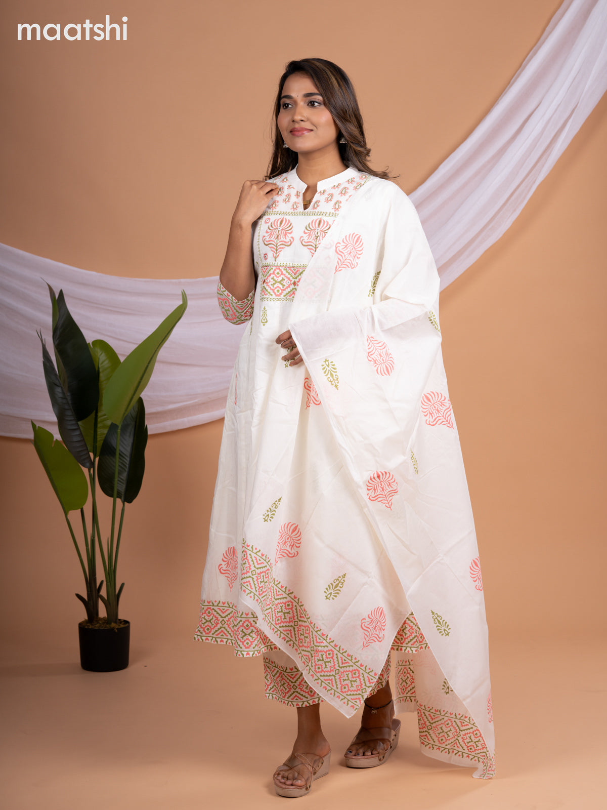Anarkali cotton salwar suit off white with allover butta prints & embroidery work neck pattern and straight cut pant & dupatta