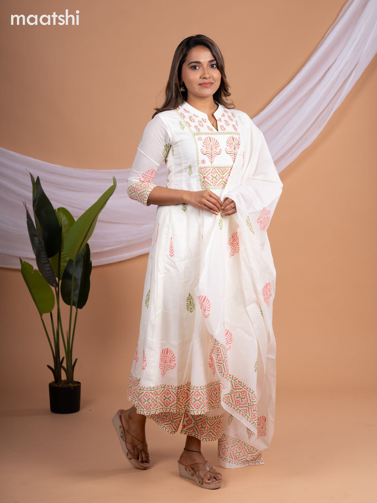 Anarkali cotton salwar suit off white with allover butta prints & embroidery work neck pattern and straight cut pant & dupatta