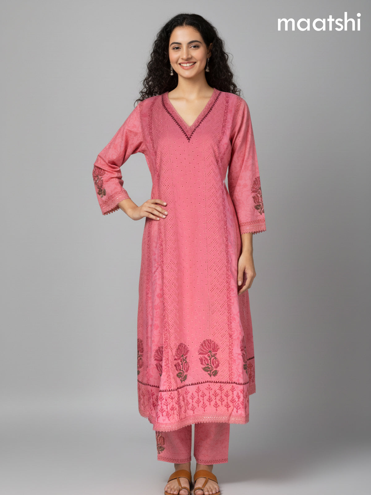 Peach Pink Cotton Printed & Hakoba Work Anarkali Suit