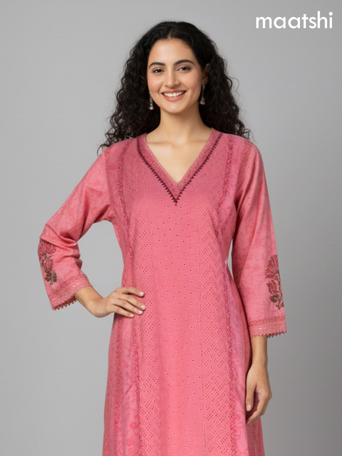 Peach Pink Cotton Printed & Hakoba Work Anarkali Suit
