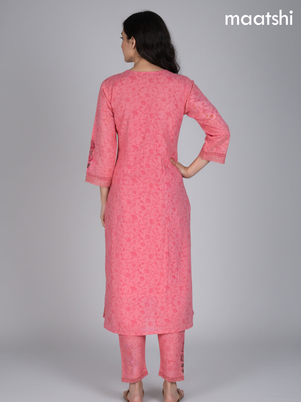 Peach Pink Cotton Printed & Hakoba Work Anarkali Suit