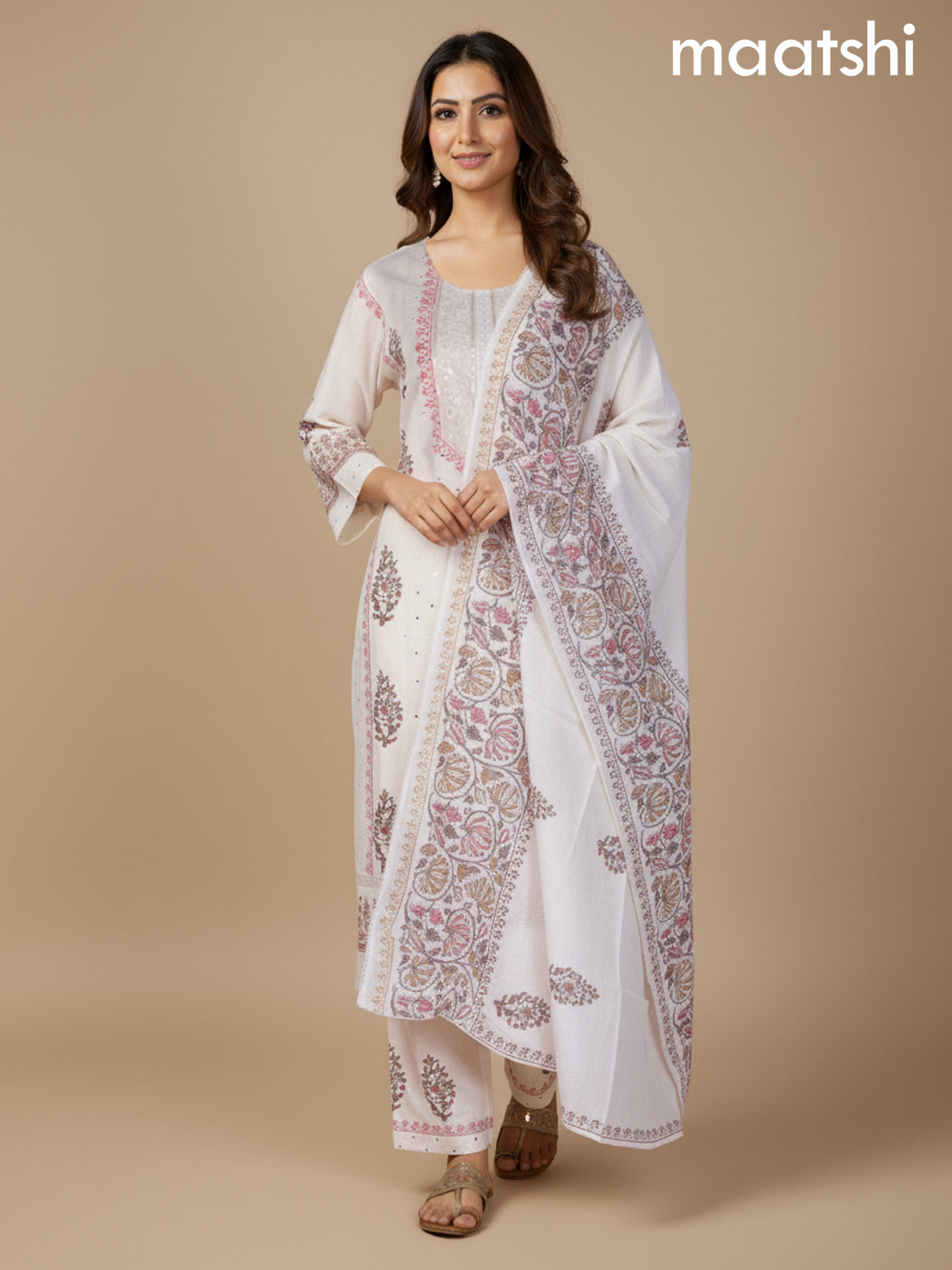 Cream Cotton Mirror Work Straight Suit