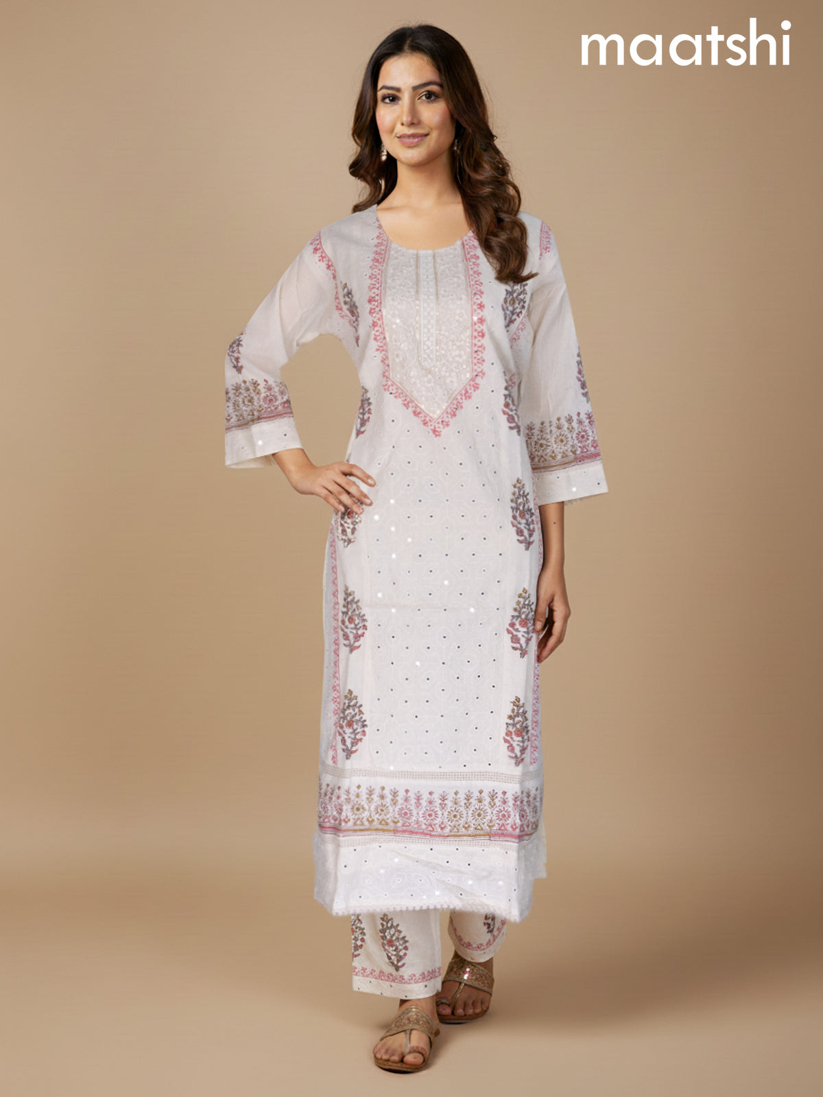 Cream Cotton Mirror Work Straight Suit