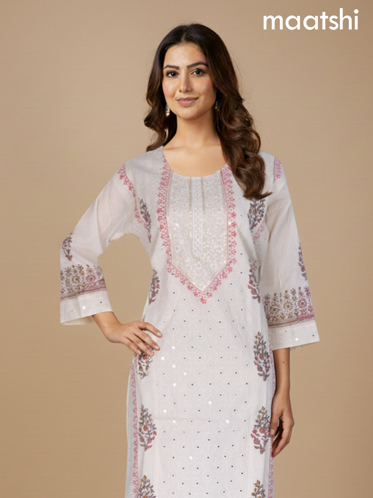 Cream Cotton Mirror Work Straight Suit
