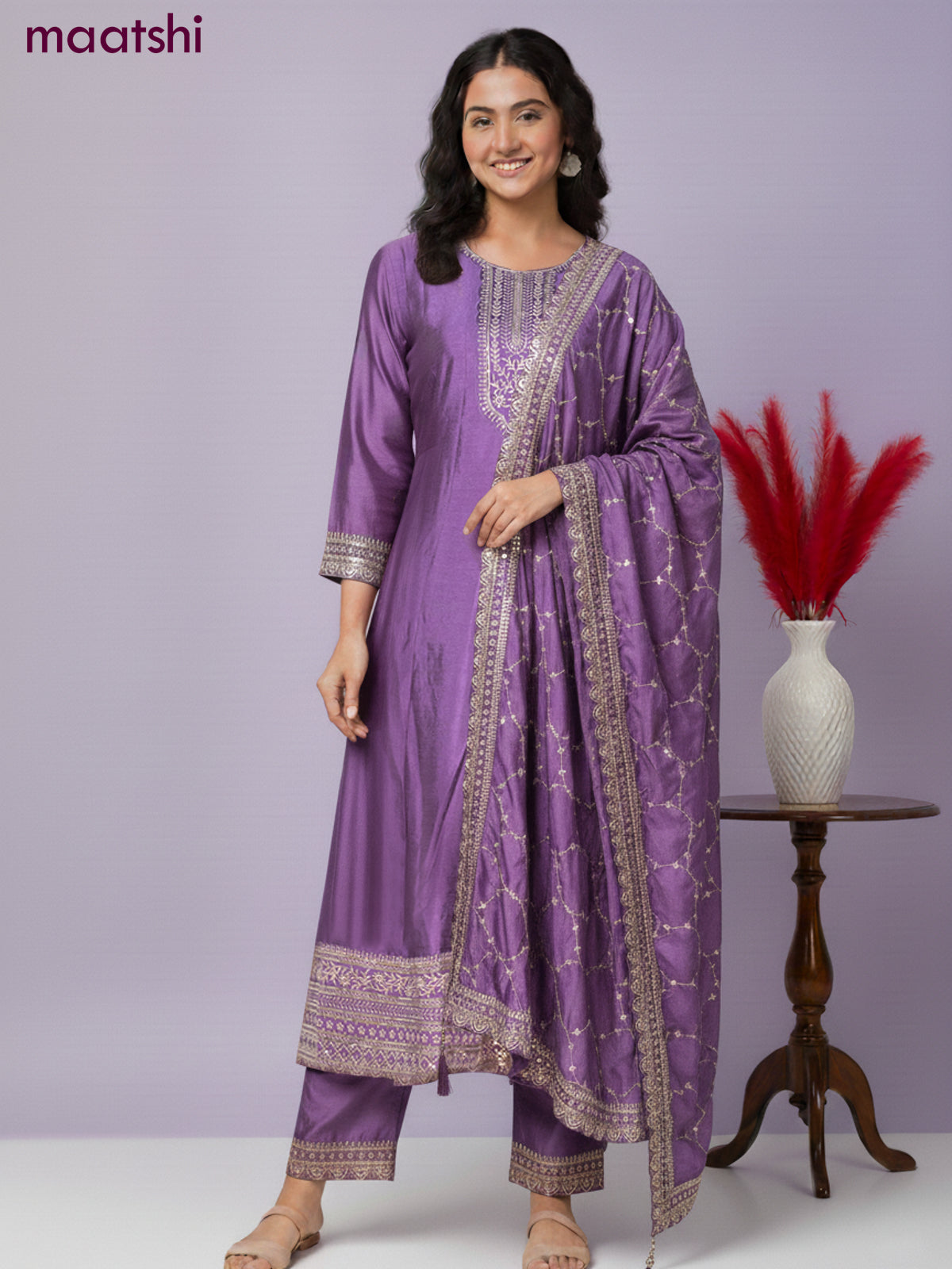Anarkali salwar suit purple with sequin work neck pattern and straight cut pant & dupatta