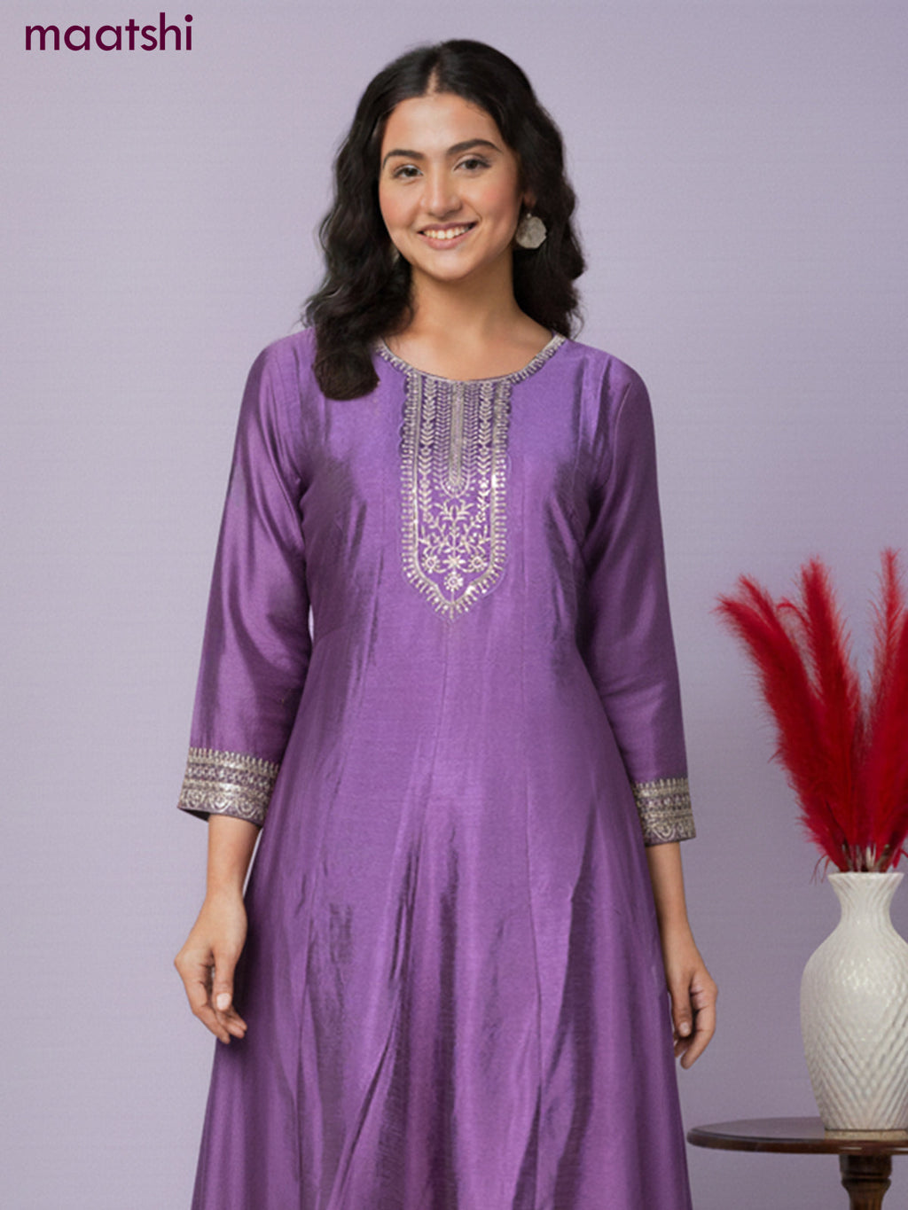 Anarkali salwar suit purple with sequin work neck pattern and straight cut pant & dupatta
