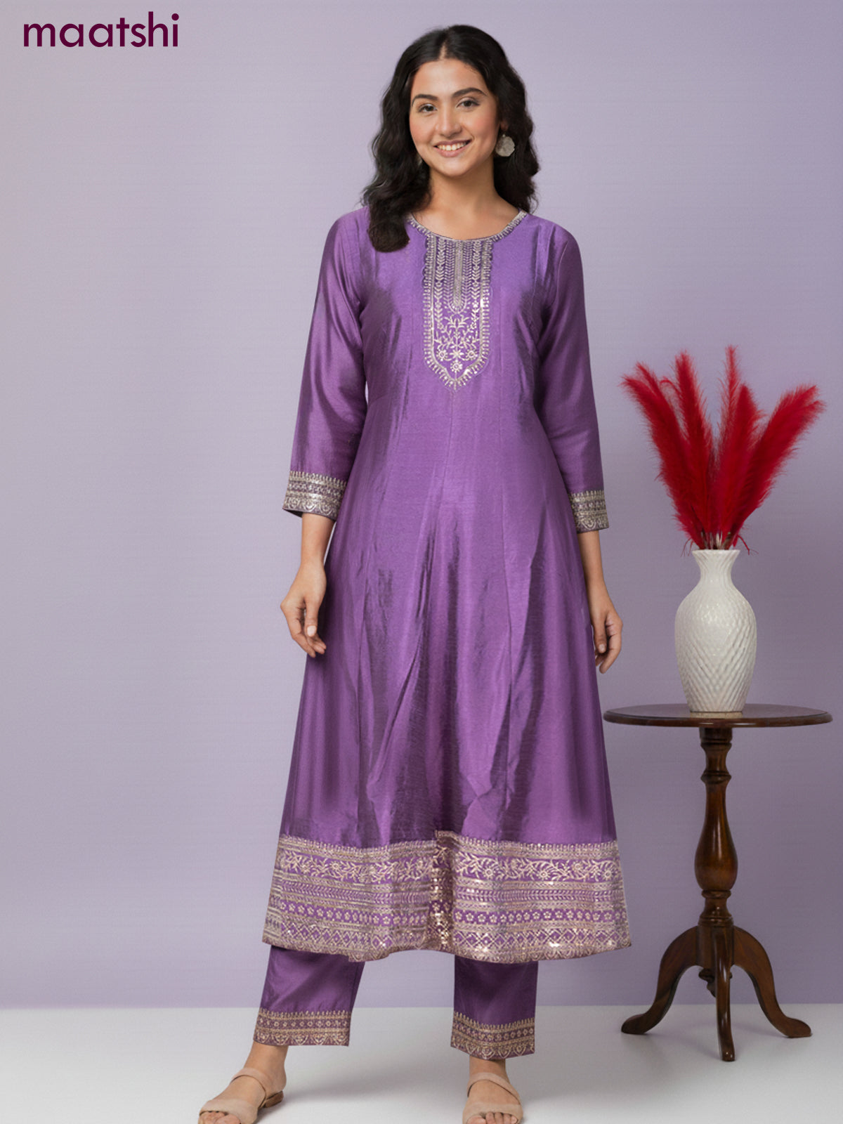 Anarkali salwar suit purple with sequin work neck pattern and straight cut pant & dupatta