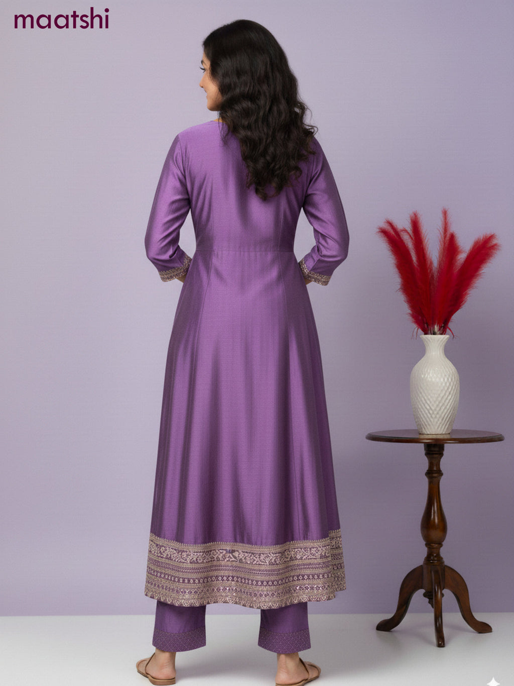 Anarkali salwar suit purple with sequin work neck pattern and straight cut pant & dupatta