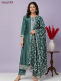 Anarkali salwar suit green with sequin work neck pattern and straight cut pant & dupatta