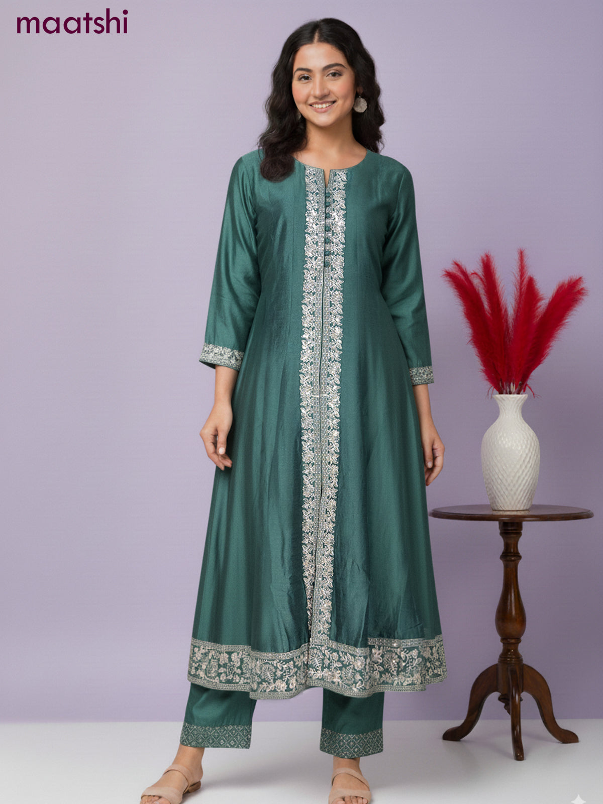 Anarkali salwar suit green with sequin work neck pattern and straight cut pant & dupatta