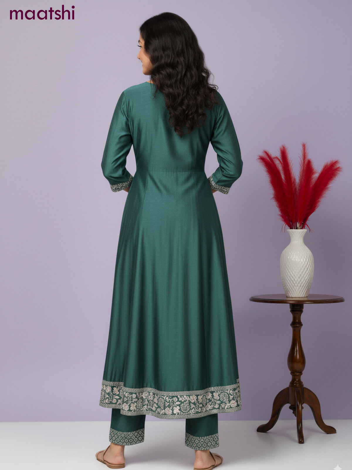 Anarkali salwar suit green with sequin work neck pattern and straight cut pant & dupatta