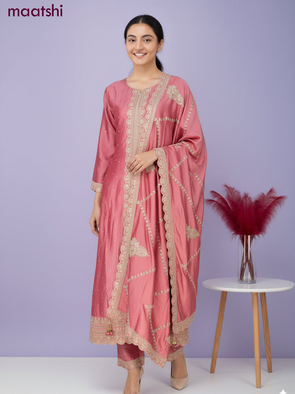 Anarkali salwar suit peach pink with sequin work neck pattern and straight cut pant & dupatta