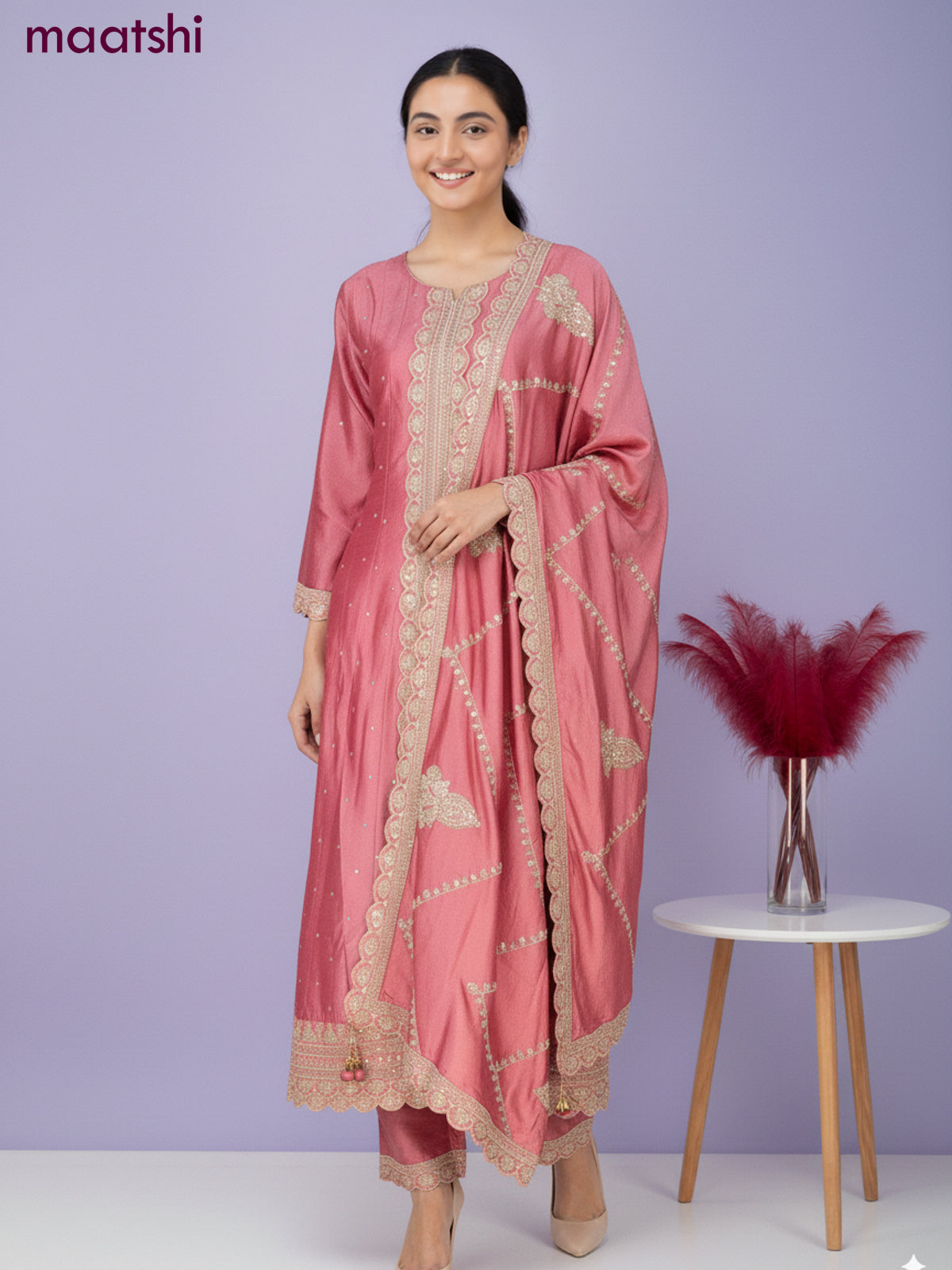 Anarkali salwar suit peach pink with sequin work neck pattern and straight cut pant & dupatta