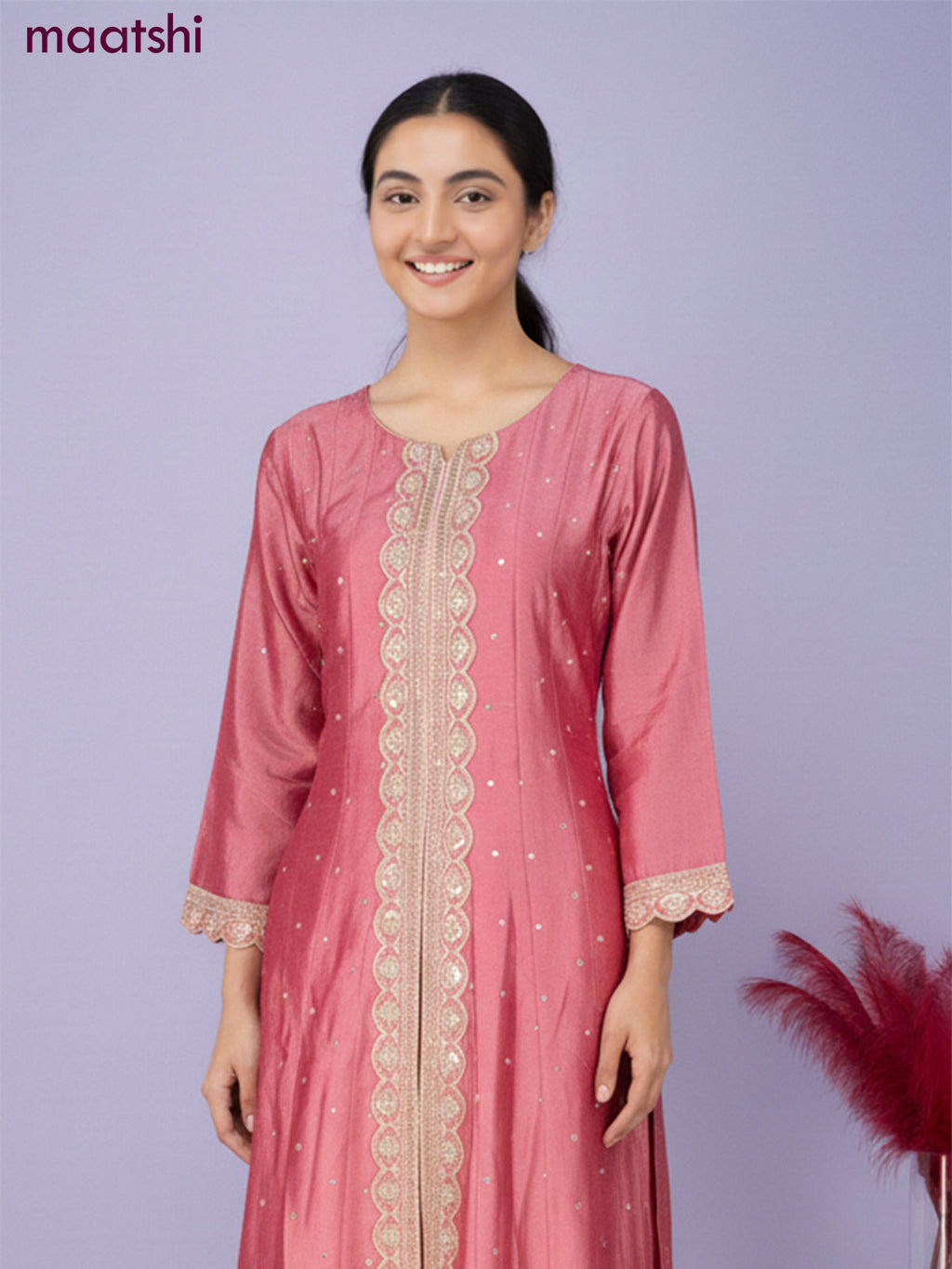 Anarkali salwar suit peach pink with sequin work neck pattern and straight cut pant & dupatta