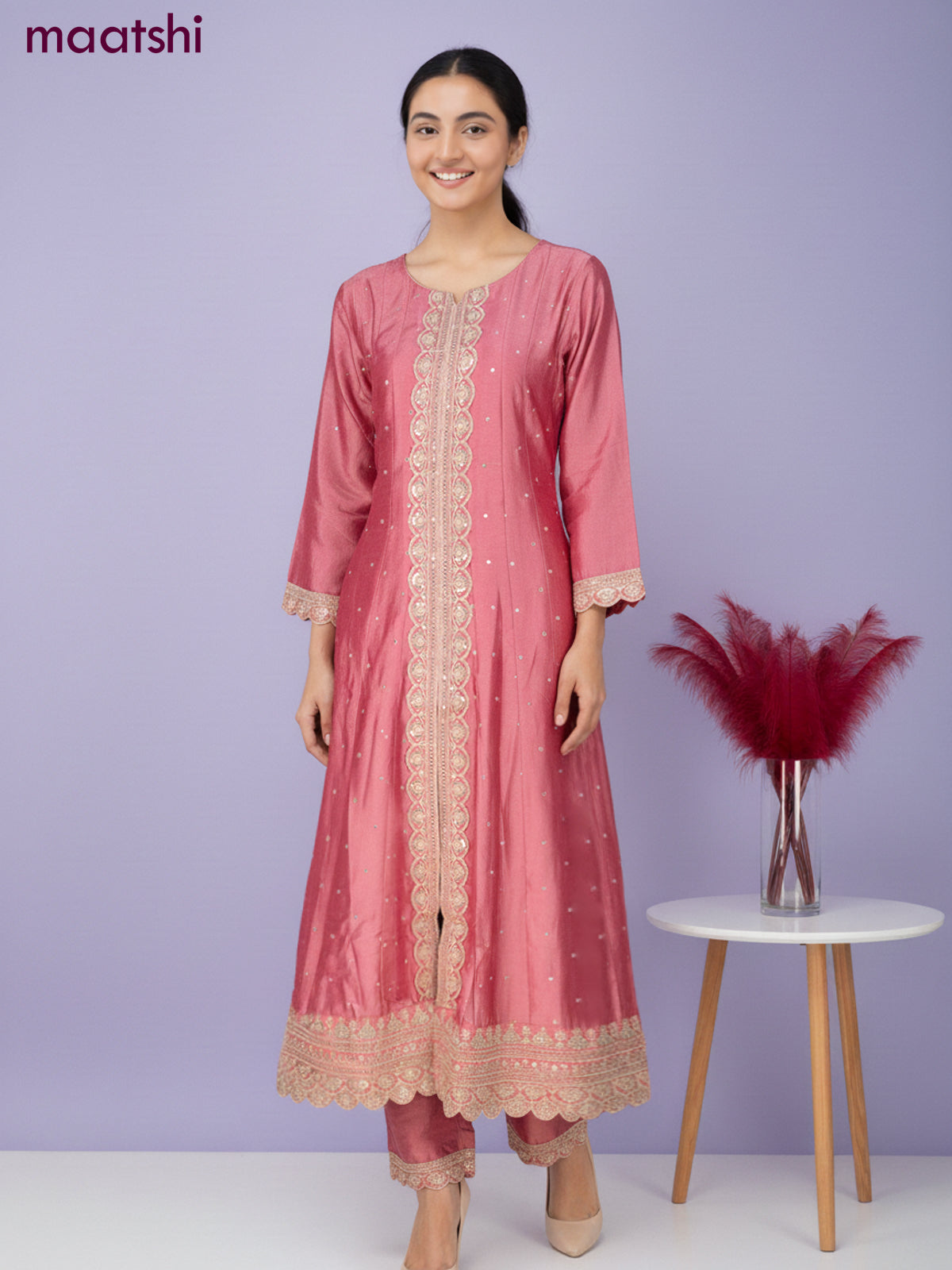 Anarkali salwar suit peach pink with sequin work neck pattern and straight cut pant & dupatta