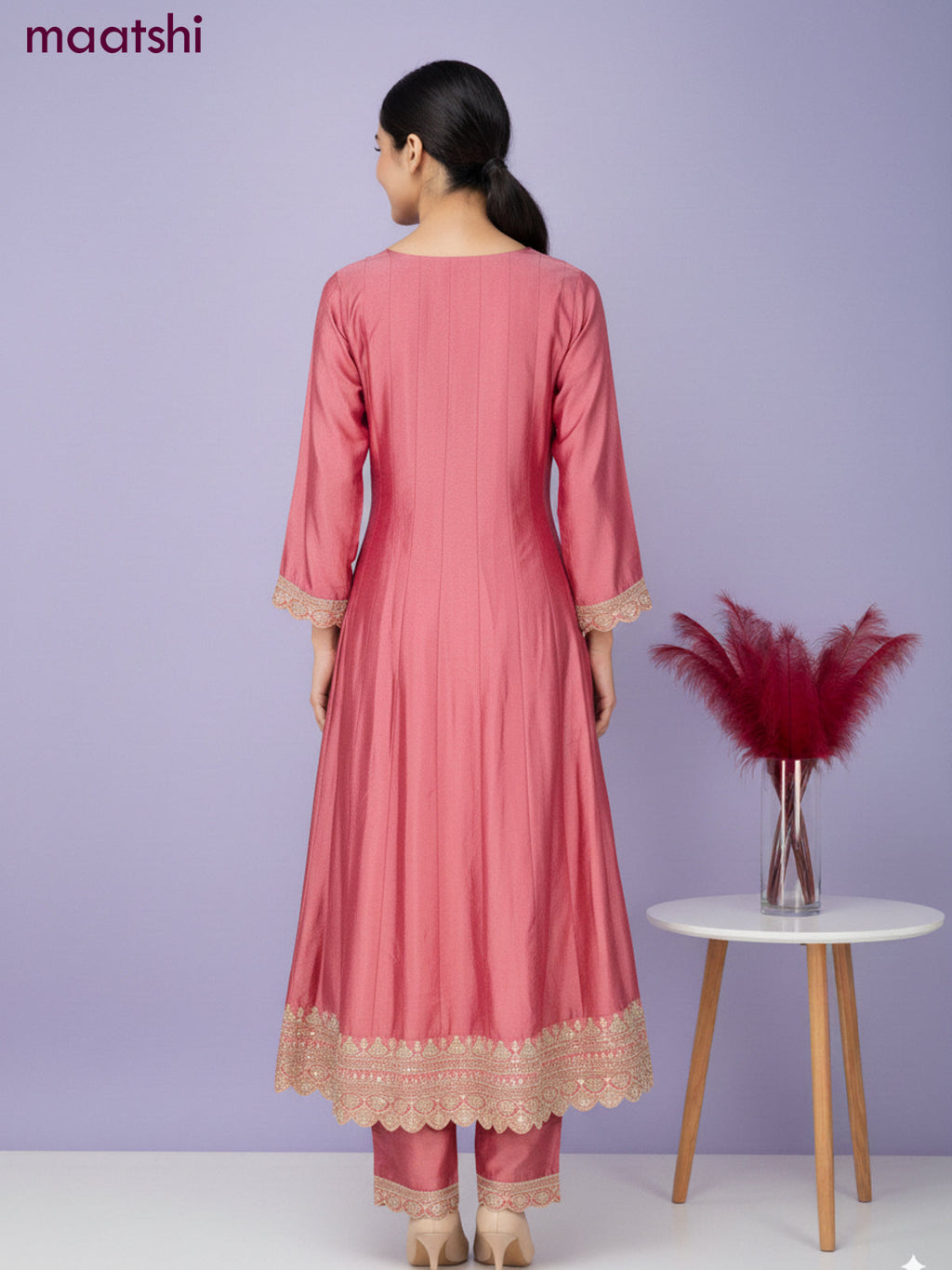 Anarkali salwar suit peach pink with sequin work neck pattern and straight cut pant & dupatta