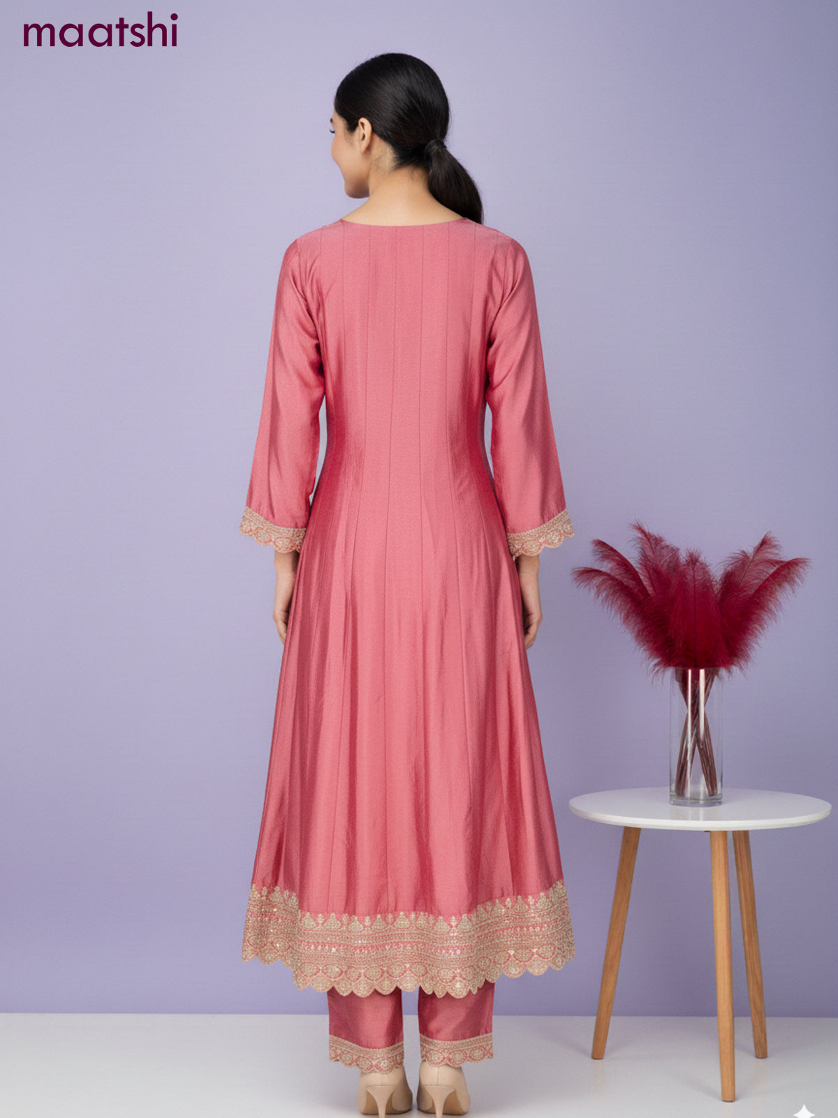 Anarkali salwar suit peach pink with sequin work neck pattern and straight cut pant & dupatta