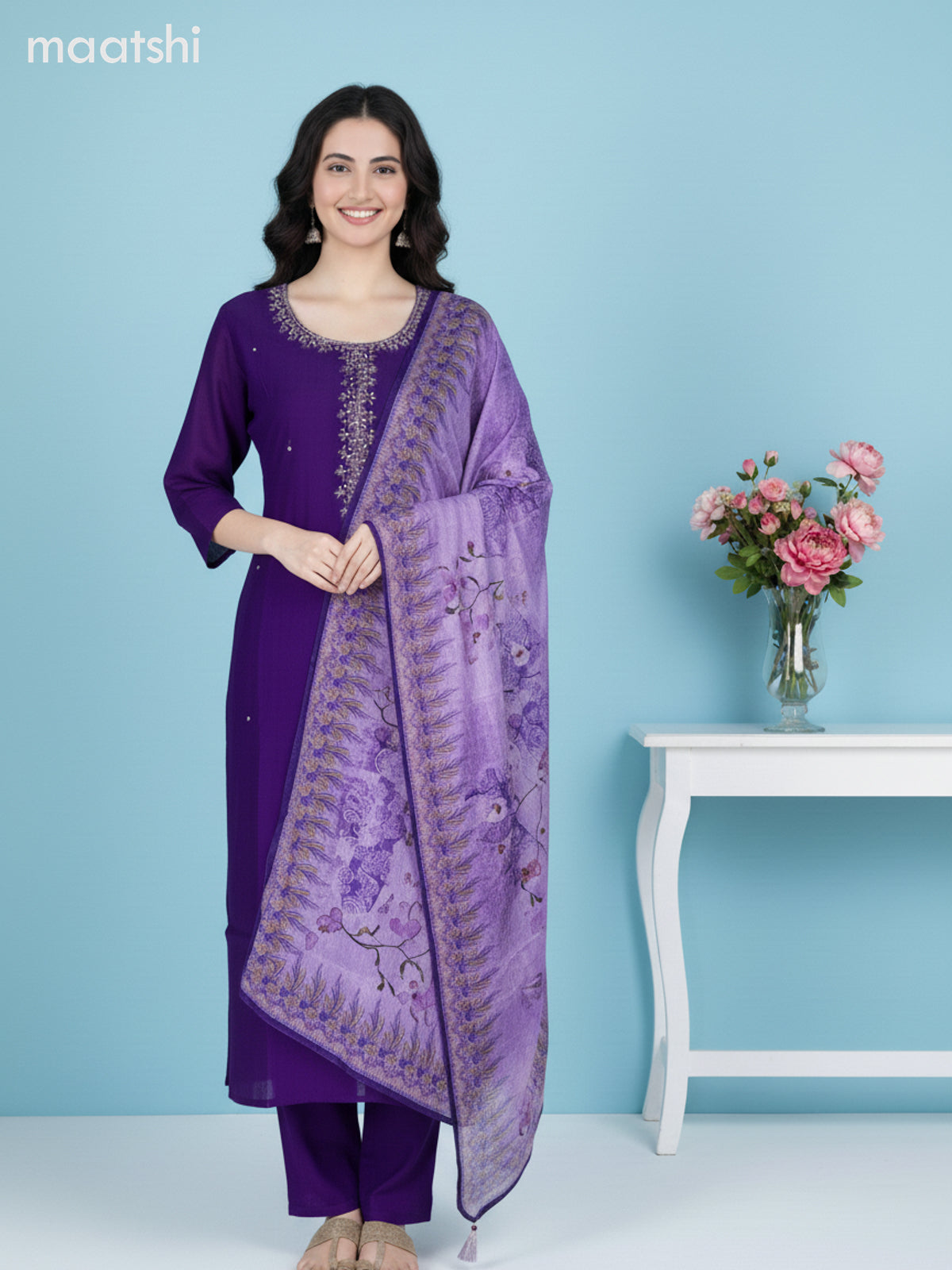 Violet and Lavender Georgette Pita Work Straight Suit