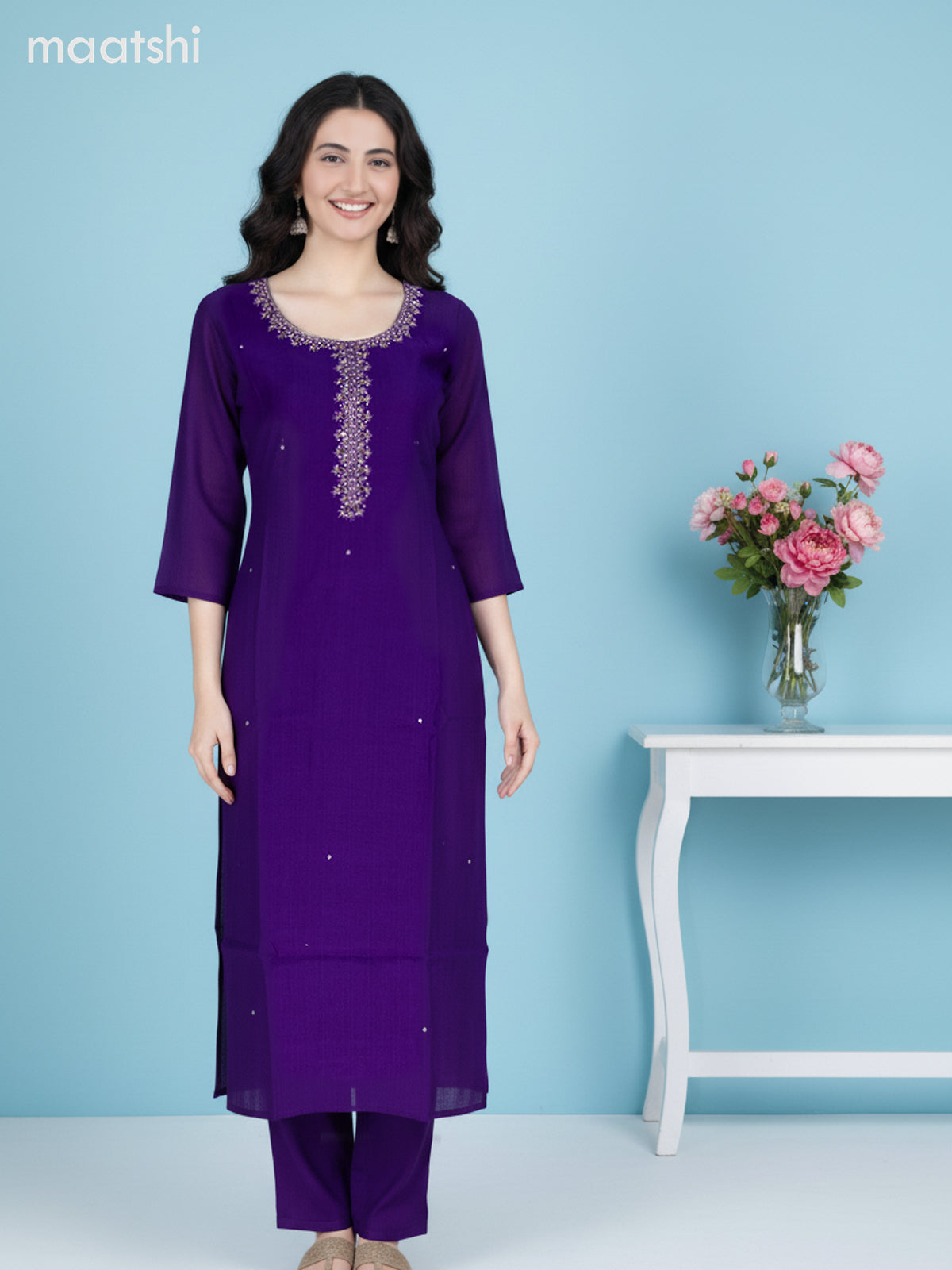 Violet and Lavender Georgette Pita Work Straight Suit