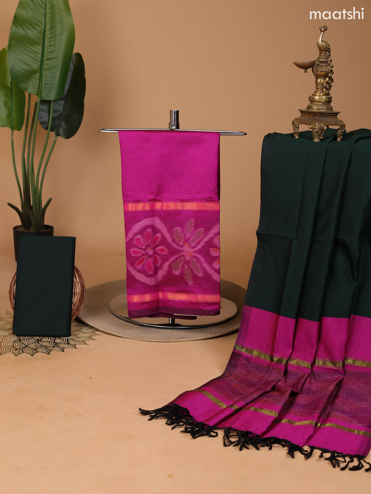 Magenta Pink and Dark Green Ikat Dress Material With Plain Body & Ikat Weaves Border and Bottom & Dupatta