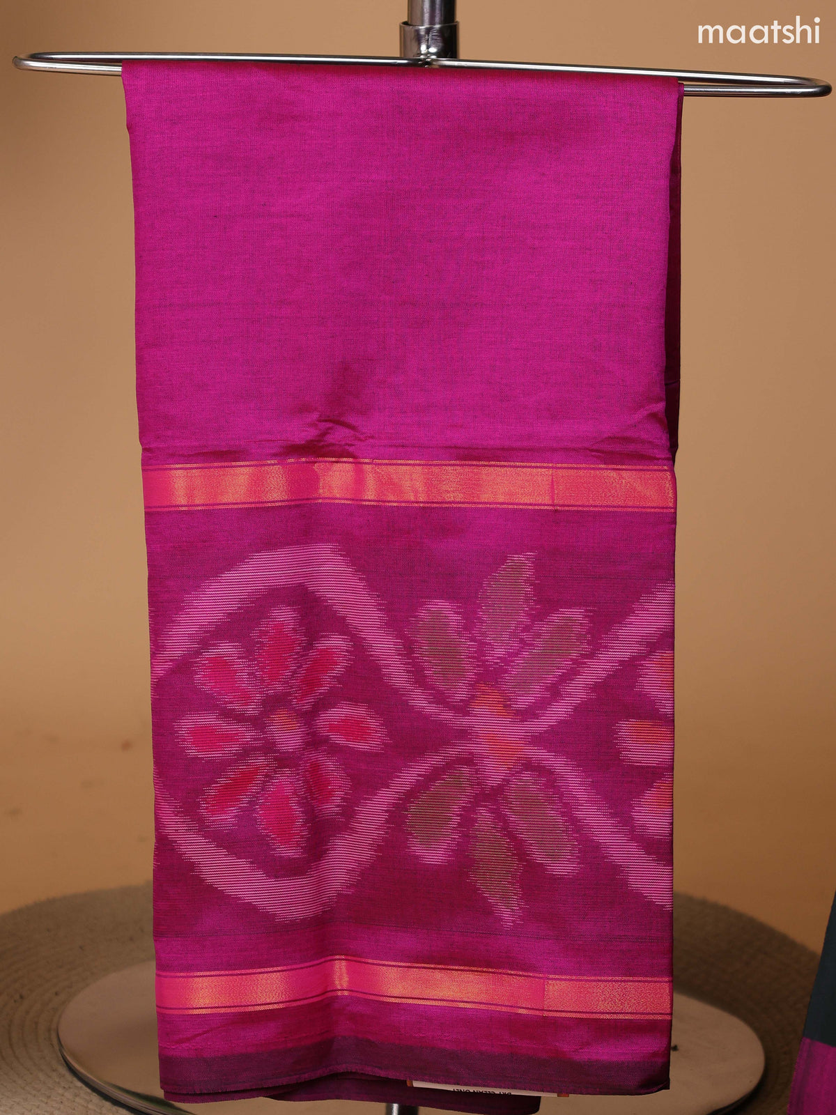 Magenta Pink and Dark Green Ikat Dress Material With Plain Body & Ikat Weaves Border and Bottom & Dupatta