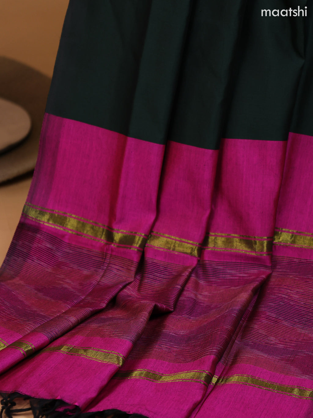 Magenta Pink and Dark Green Ikat Dress Material With Plain Body & Ikat Weaves Border and Bottom & Dupatta