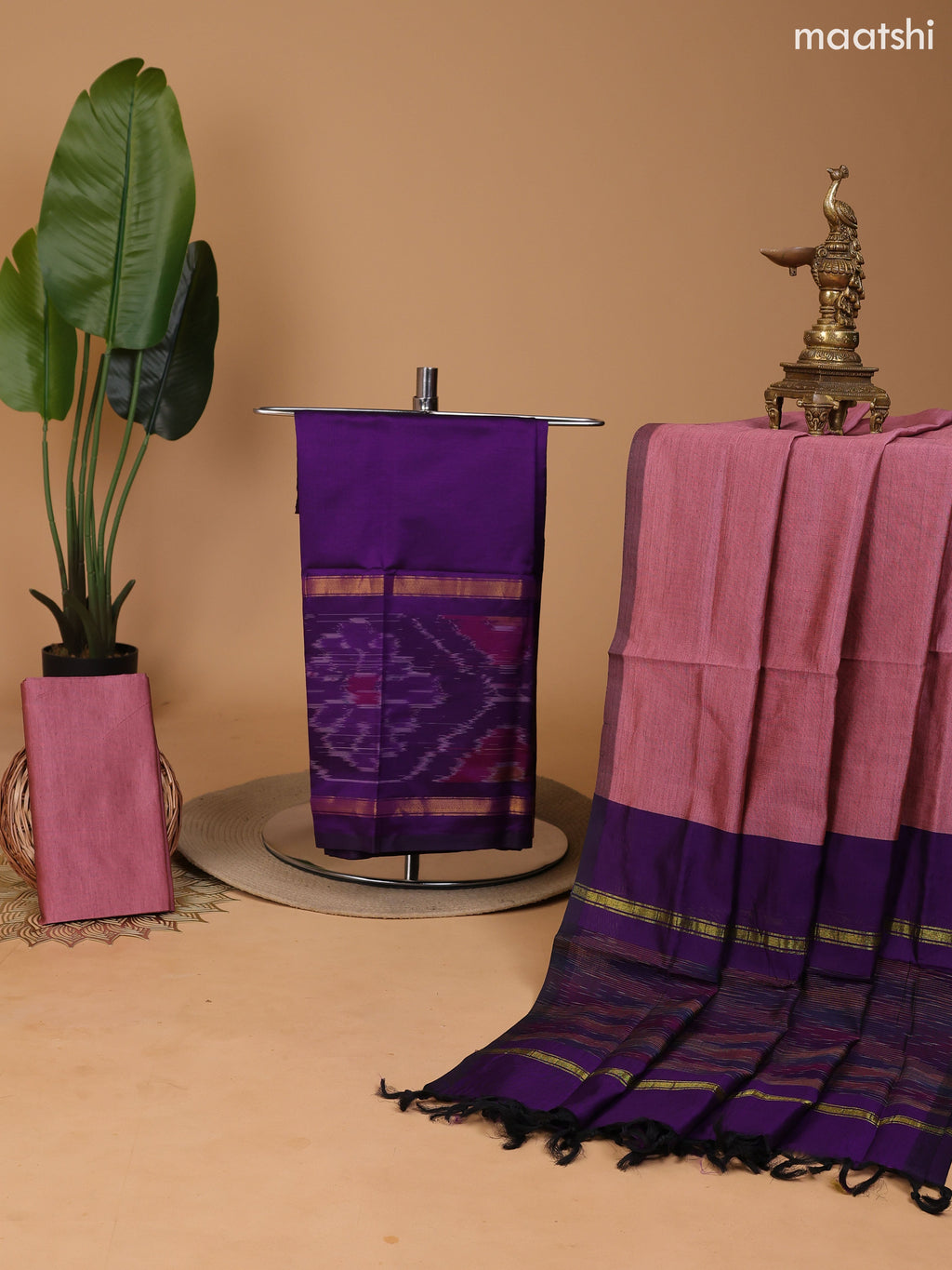 Violet and Peach Pink Ikat Dress Material With Plain Body & Ikat Weaves Border and Bottom & Dupatta