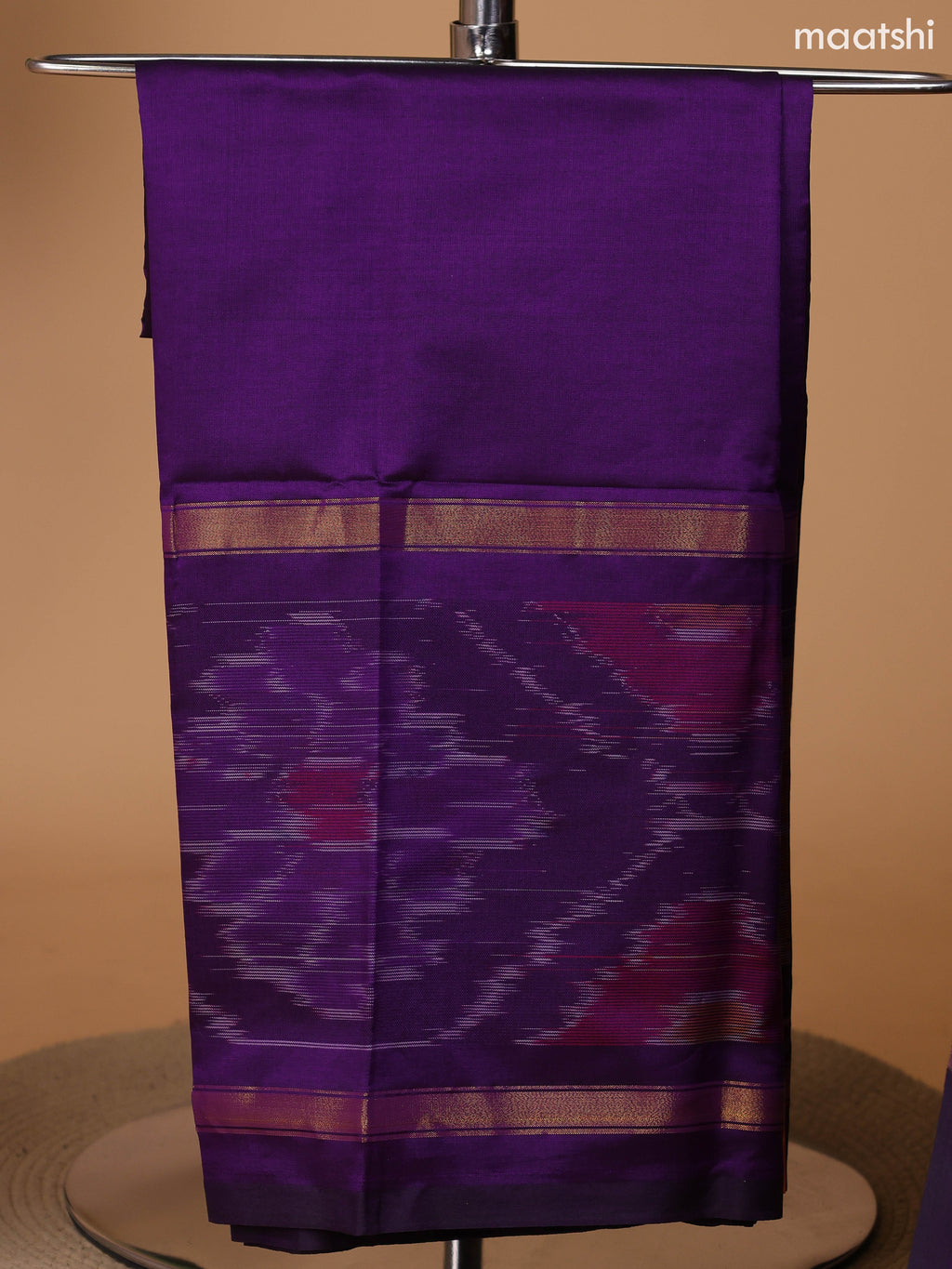 Violet and Peach Pink Ikat Dress Material With Plain Body & Ikat Weaves Border and Bottom & Dupatta