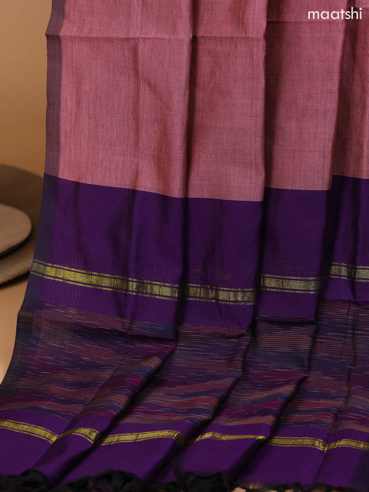 Violet and Peach Pink Ikat Dress Material With Plain Body & Ikat Weaves Border and Bottom & Dupatta