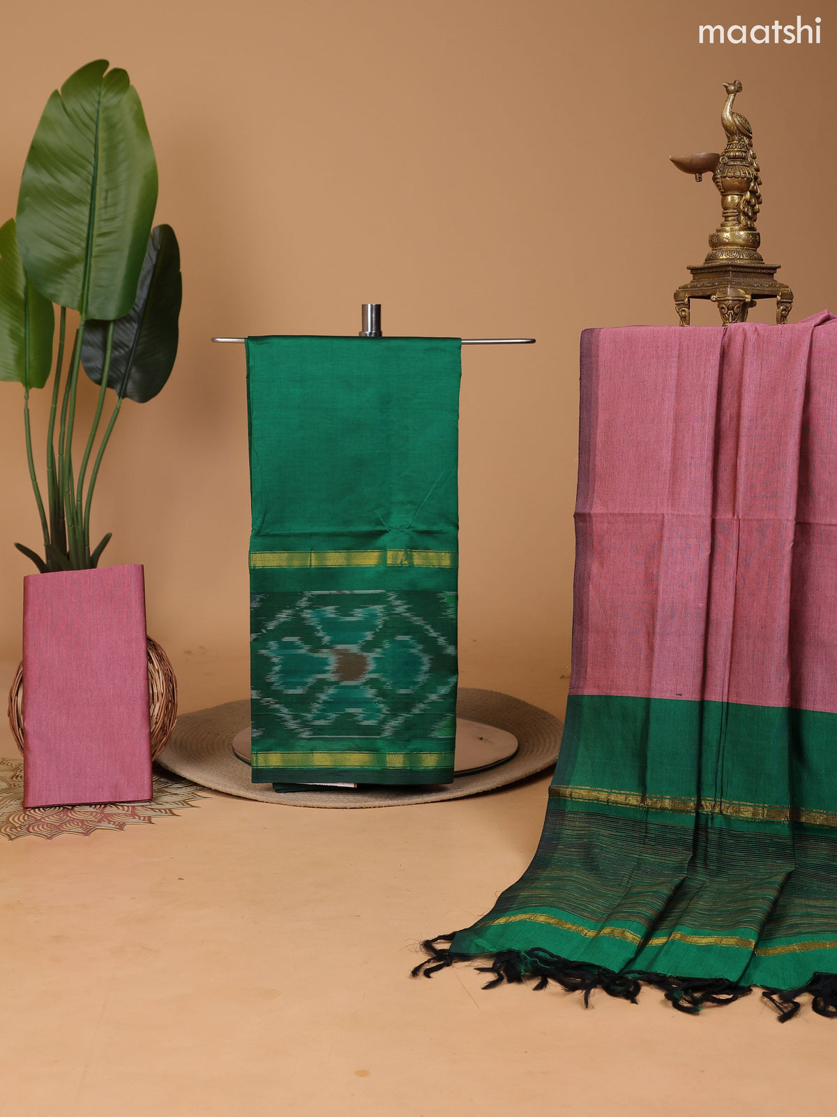 Green and Peach Pink Ikat Dress Material With Plain Body & Ikat Weaves Border and Bottom & Dupatta