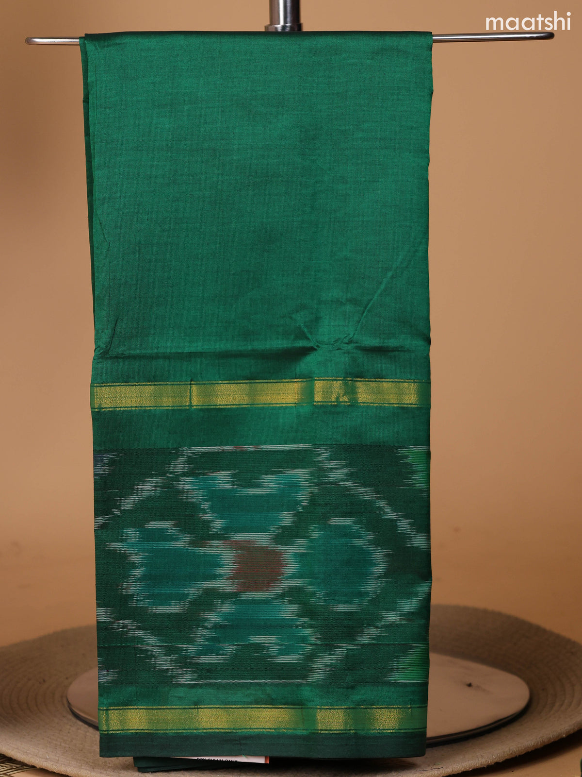 Green and Peach Pink Ikat Dress Material With Plain Body & Ikat Weaves Border and Bottom & Dupatta